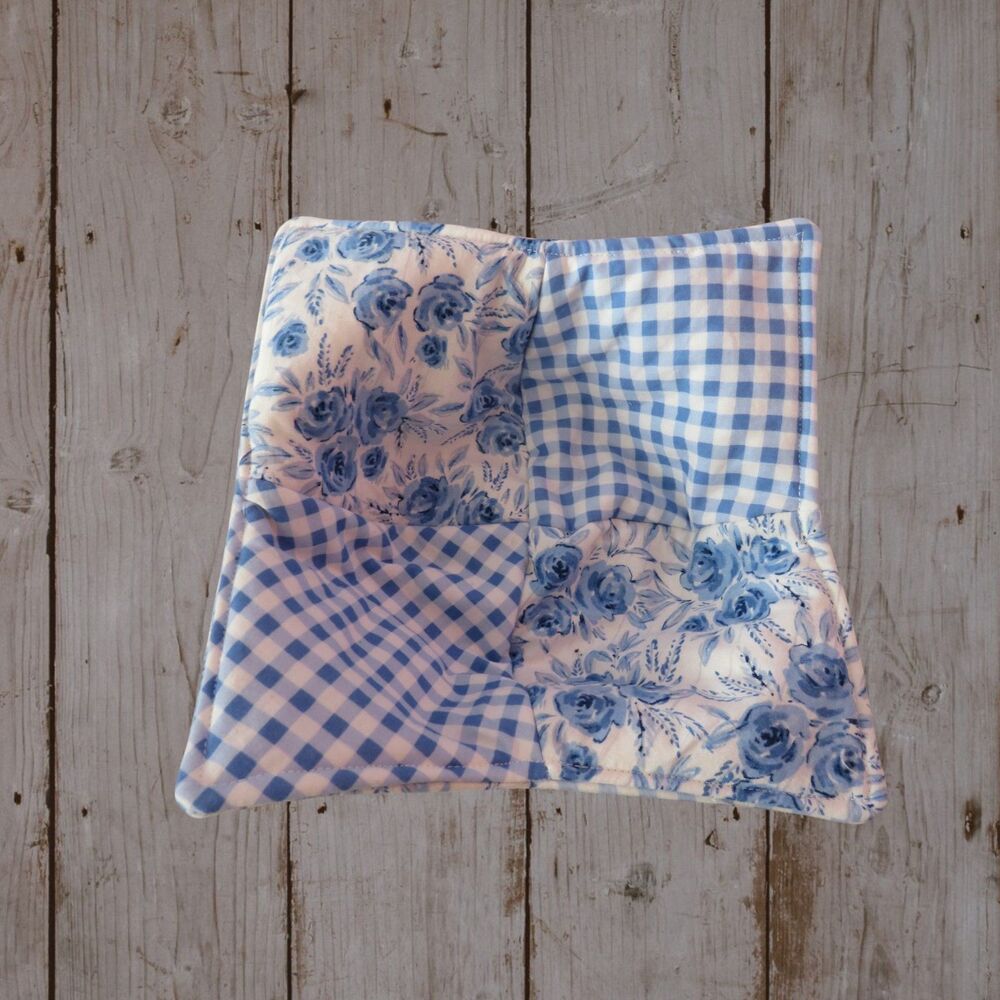 Patchwork Microwave Bowl Cozy: Blue Rose, Blue Gingham Soup Warmer, 8 Inch Bowl
